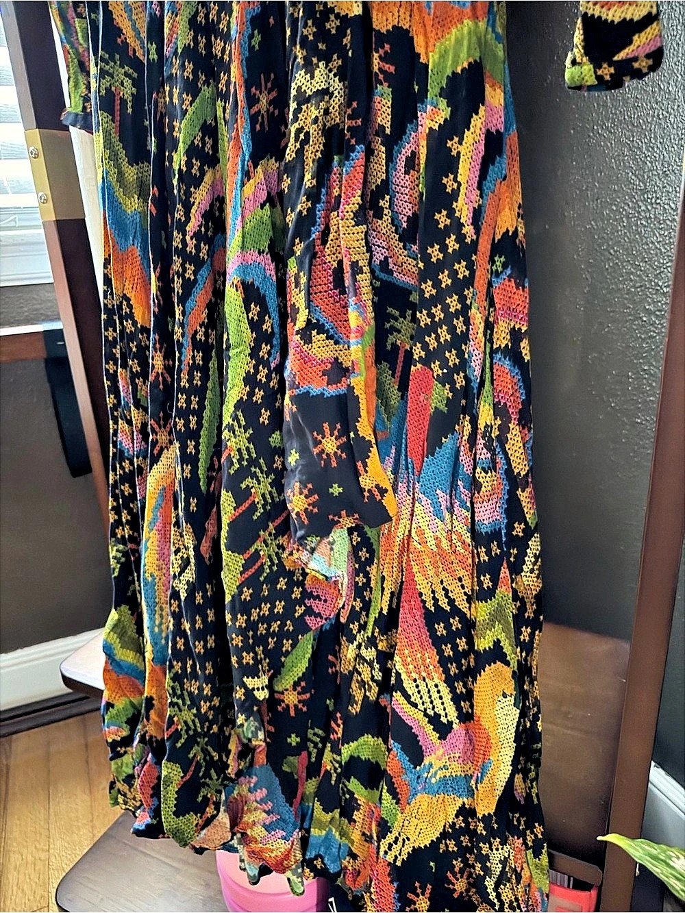 FARM Rio Black Cross Stitch Tropical Print Long Sleeve V-Neck Maxi Dress S - Picture 4 of 4